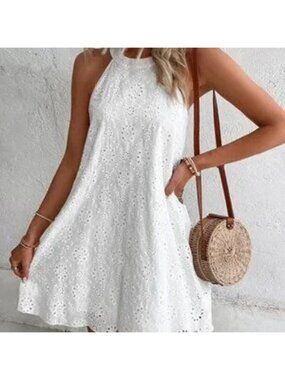 Boho White Women's Eyelet Halter Neck Tunic with Embroidery & Keyhole Back